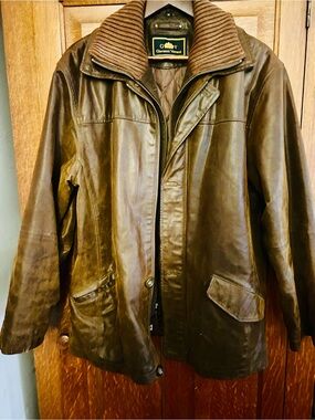 Giovanni Verucci Brown Leather Jacket Ribbed Collar